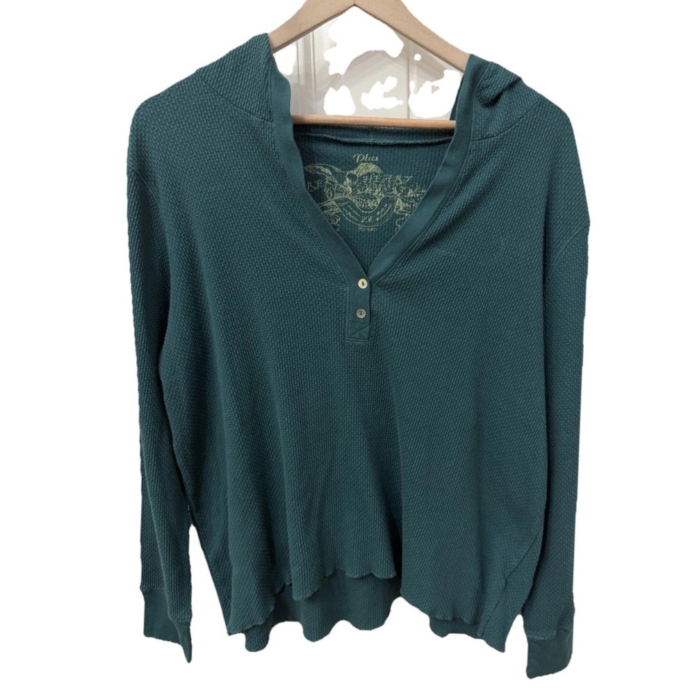 Derek Heart Thermal Hoodie 2X‎ Teal Green Free the Heart Waffle Knit Henley